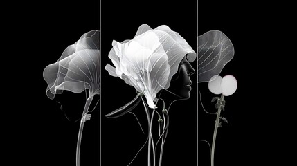 Ethereal floral composition with abstract, transparent elements on dark background