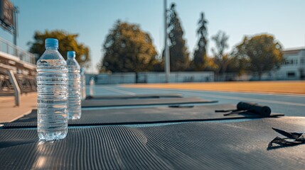 
Athletic warm-up zone with stretching mats, resistance bands, and scattered water bottles on ground, showcasing fitness training equipment for professional track and field preparation

