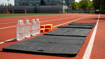 
Athletic warm-up zone with stretching mats, resistance bands, and scattered water bottles on ground, showcasing fitness training equipment for professional track and field preparation

