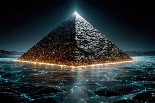 illuminated pyramid in digital network within mysterious alien landscape