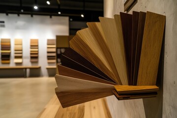Wood flooring color samples displayed in a showroom