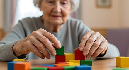 Fototapeta premium Elderly woman building with colorful wooden blocks enhancing cognitive skills and memory.