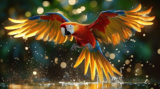 Colorful macaw bird with wide spread wings taking off or landing on water with splashing droplets in vibrant natural background