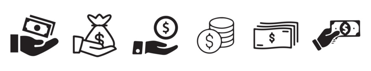 Money and Currency Icon Set – Dollar, Euro, Coins, Cash Stack, Payment, Transfer, Banking & Finance Vectors.