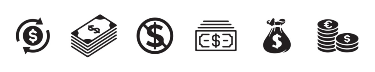 Money and Currency Icon Set – Dollar, Euro, Coins, Cash Stack, Payment, Transfer, Banking & Finance Vectors.