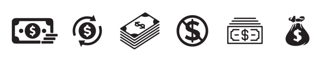 Money and Currency Icon Set – Dollar, Euro, Coins, Cash Stack, Payment, Transfer, Banking & Finance Vectors.