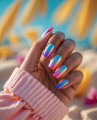 Vibrant Ombre Nails on a Tropical Beach

