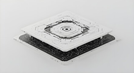 Abstract White Technology Square with Circuit Patterns and Layers