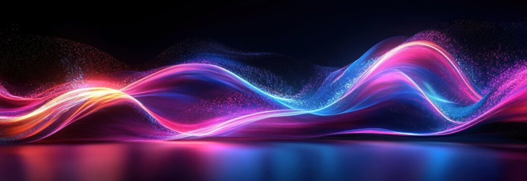 Vibrant flowing waves of neon light in shades of pink, purple, and blue moving smoothly on a dark background creating a dynamic and futuristic atmosphere - Powered by Adobe