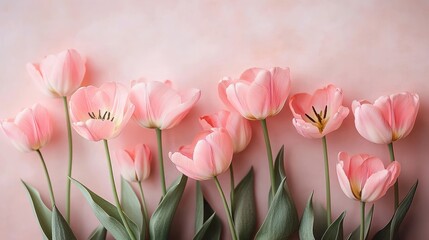 Fototapeta premium Delicate pink tulips with green leaves against a soft pastel pink background, evoking a gentle and serene springtime mood