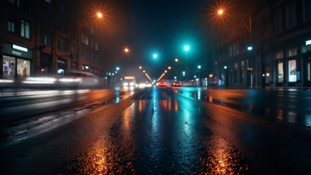 Rain soaked street at night reflecting vibrant city lights and motion