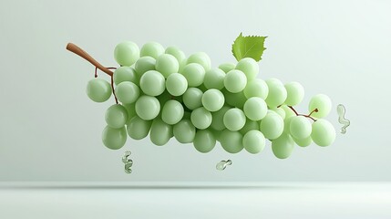 Floating cluster of green grapes with leaf, in a clean white studio