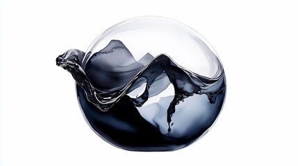 Fluid in sphere. Water splashes in clear glass globe, against a white backdrop