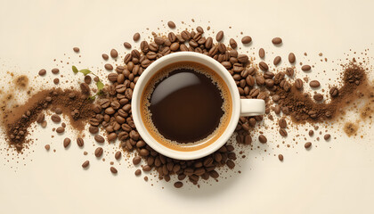 Obraz premium Lay shot angle of black coffee with bright beige background surrounded with coffee beans as decoration. 