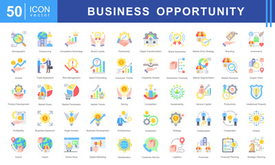Business Opportunity icon set featuring icons for investment, market research, branding, sales strategy, and digital transformation. Ideal for startups, business planning, and entrepreneurial growth.
