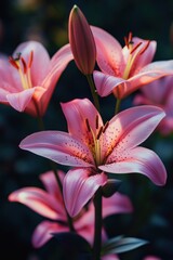 Fototapeta premium Close-up of vibrant pink lilies blooming with one flower bud amidst dark blurred background, showcasing delicate petals and stamens with soft natural light