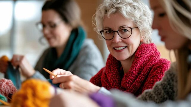 Smiling Woman with Glasses Knitting Yarn During Crafting Workshop