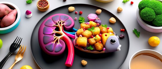 Food shaped as organs kidney, fish-shaped dish, with potatoes and vegetables