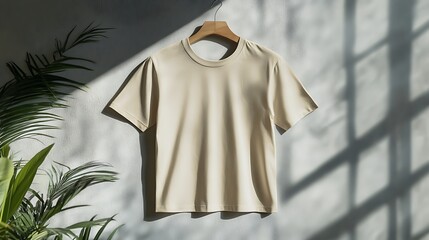 Beige t shirt hanging on hanger