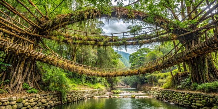 Bamboo arches connect two tree trunks forming a double decker living root bridge in Nongriat village, Meghalaya, India, green architecture, natural wonder