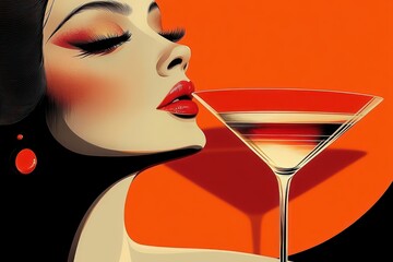 Elegant woman with closed eyes and red lips poised to drink from a martini glass with a vibrant orange background creating a sophisticated and stylish mood