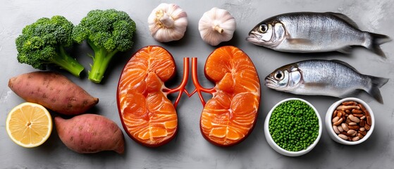 Foods for kidneys with fish, veggies, nuts and sweet potatoes