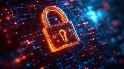 Glowing orange digital padlock symbolizing cybersecurity and data protection with a blue and red circuit board background conveying network security and encryption