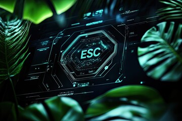 Futuristic display surrounded by tropical foliage