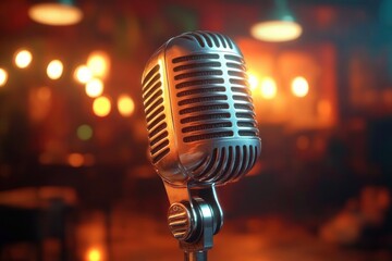 Close-up of a vintage silver microphone with warm ambient lighting and blurred background creating a cozy and nostalgic atmosphere
