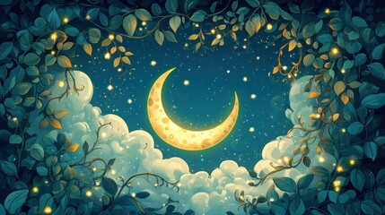 Crescent moon glows at night framed by leaves and lights. Celestial nature background