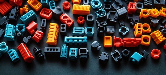 Assortment of small colorful plastic construction toy pieces scattered on a dark surface highlighting red, yellow, blue, and black parts