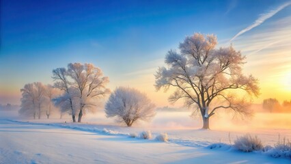 A serene winter landscape with snow-covered trees in the background, surrounded by a thick layer of frost and fog, with bare branches stretching towards the sky , winter, forest
