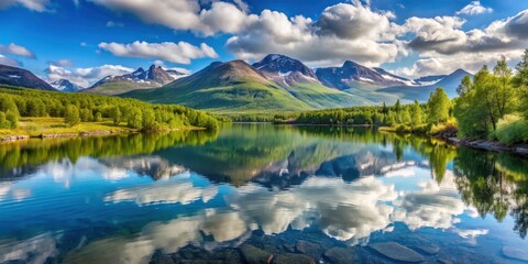 Serene lake surrounded by majestic mountains and lush greenery in Abisko National Park , wilderness, landscape