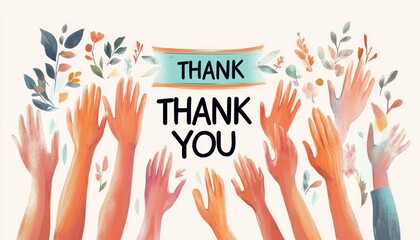 Multiple diverse hands raised together with decorative leaves surrounding a large 'thank you' text, conveying gratitude and appreciation