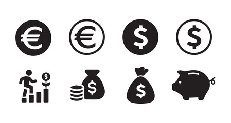 Finance and Money Icon Pack  Euro, Dollar, Savings, Investment, Wallet, Piggy Bank, Budget Symbols.vector illustration eps 10.