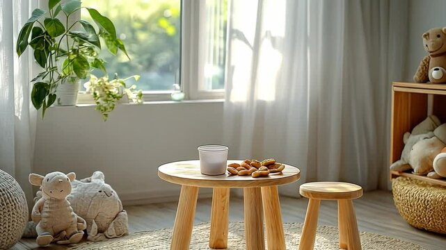 Cozy Playroom: A charming and inviting playroom is bathed in natural light, where a small wooden table and stool are set with treats and drinks, surrounded by plush toys and a lush indoor plant.