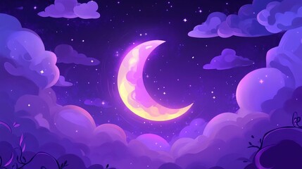 Crescent moon shines at night, surrounded by fluffy purple clouds and stars. Calm backdrop