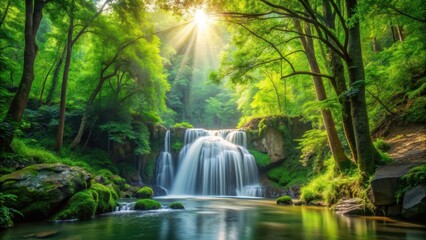 Waterfall cascading through lush green forest scenery with sunlight filtering through the trees, nature, scenery