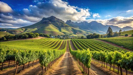 Naklejka premium Rolling hills of a wine vineyard with rows of grapevines stretching towards the sky on a sunny day in Stellenbosch , wine country , sunny landscape