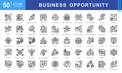 Business Opportunity icon set featuring icons for investment, market research, branding, sales strategy, and digital transformation. Ideal for startups, business planning, and entrepreneurial growth.
