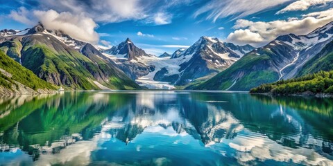 Fototapeta premium Serene icy waters reflected in a crystal clear glacier bay surrounded by towering mountains and lush greenery in Alaska's majestic wilderness , wilderness, calmness