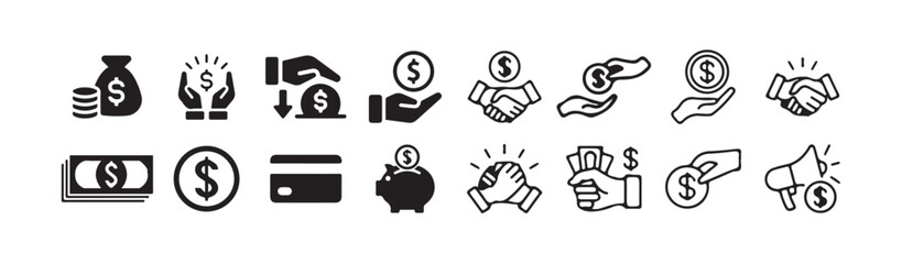 Financial Partnership and Saving Icons Handshake, Money, Credit Card & Piggy Bank Symbols. vector illustration eps 10.