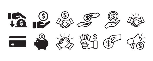 Hand with dollar coin.savings, loan, cash, earning, income, currency, dollar, coin, revenue,  and profit icon set. Finance business thin line icon collection. vector illustration eps 10.