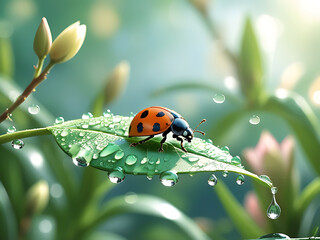 Fototapeta premium A beautiful ladybug resting on a lush green leaf covered in sparkling water droplets