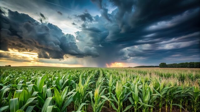 Dark stormy clouds looming over a tasseling corn crop plantation field in summer , stormy weather, agricultural field