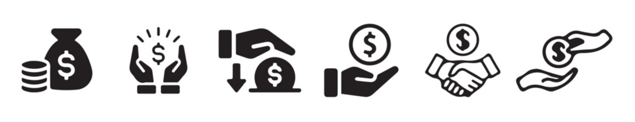 Hand with dollar coin.savings, loan, cash, earning, income, currency, dollar, coin, revenue,  and profit icon set. Finance business thin line icon collection. vector illustration eps 10.