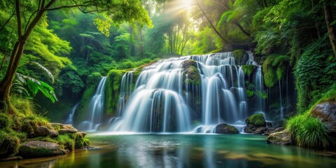 Fototapeta premium Waterfall cascading gracefully in the midst of a lush forest, trees, landscape, trees, landscape