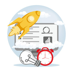 Rocket Launch with Business closure Concepts and Productivity Symbols.