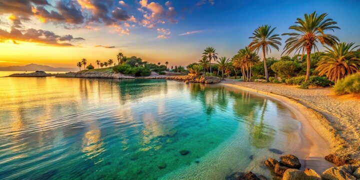 beach at sunset in Ginosa Marina with calm crystal clear turquoise waters and warm golden sandy shore surrounded by lush greenery and palm trees, beautiful beach scenery, sunset