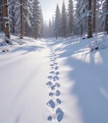 Deep bear tracks in pristine snow, tranquil winter scene ,  trail,  landscape photography